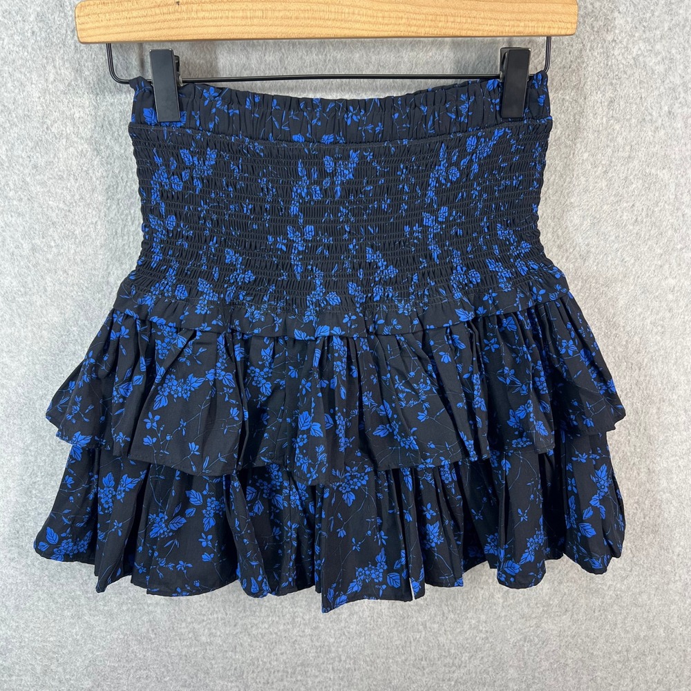Reset by Jane Womens Small Blue Floral Smocked Tiered Ruffle Mini Skirt Black